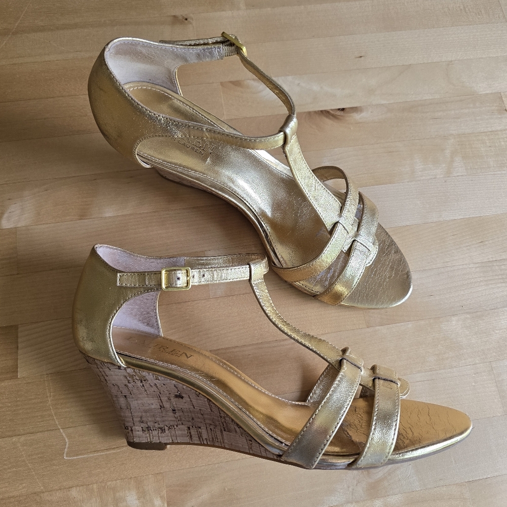 Lauren Ralph Lauren Harleen Gold Wedge Heel Sandals Size 9
